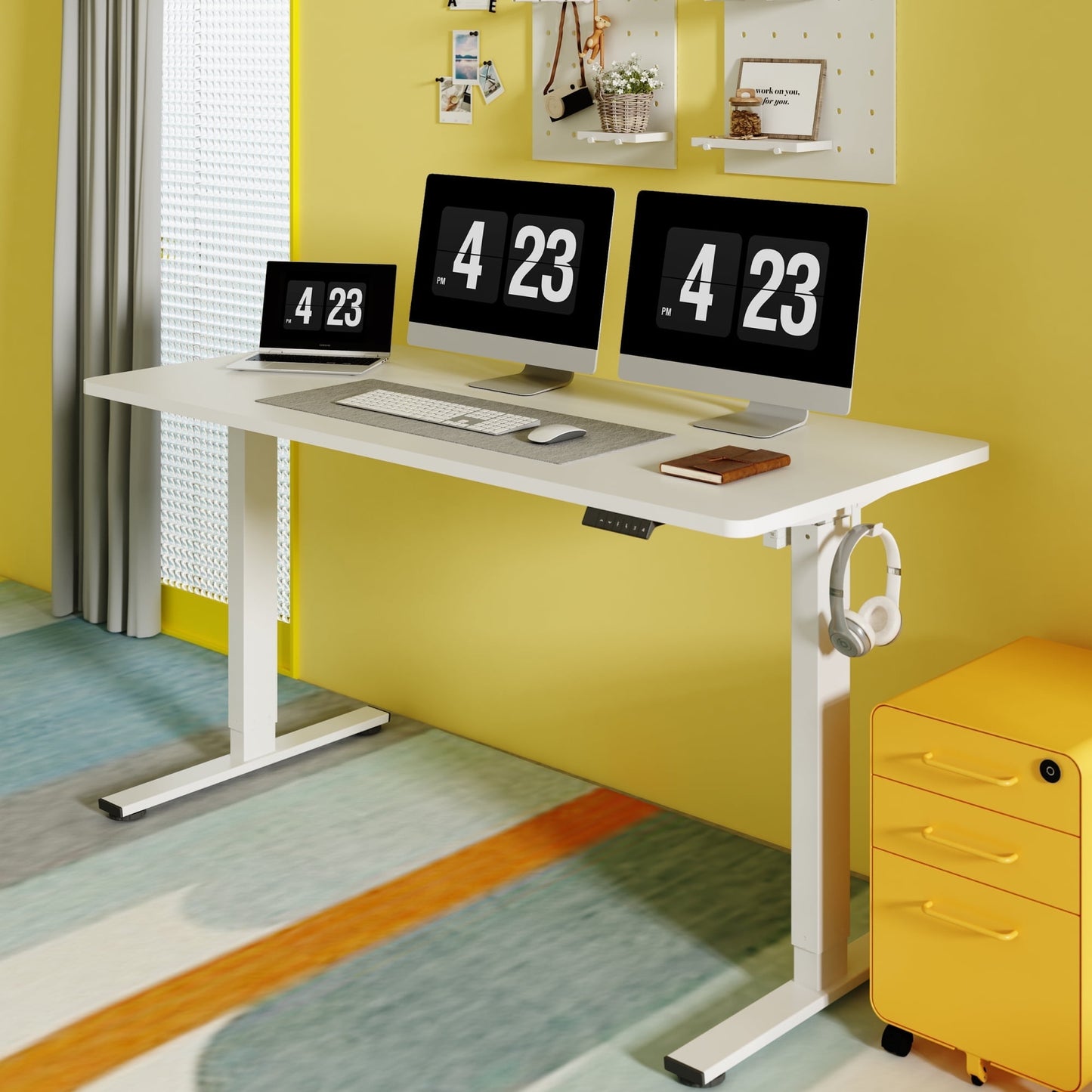 ACTIVESIT 60inx24in Home Office Height Adjustable Standing Desk with Hooks, Ergonomic Electric 2-Stage Stand Up Computer Desk, White and Maple