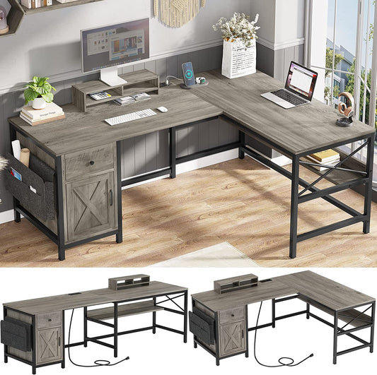 Reversible Grey L-Shaped Home Office Desk, 63in Computer Workstation with Power Strip, Drawer, and Storage Cabinet