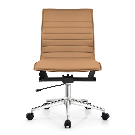 2xhome Tan Modern Mid Back Office Chair Armless Ribbed PU Leather Swivel Tilt Adjustable Chair Designer Boss Executive Manager Office Conference Room Work Task Ergonomic No Arms Without Arm Rests