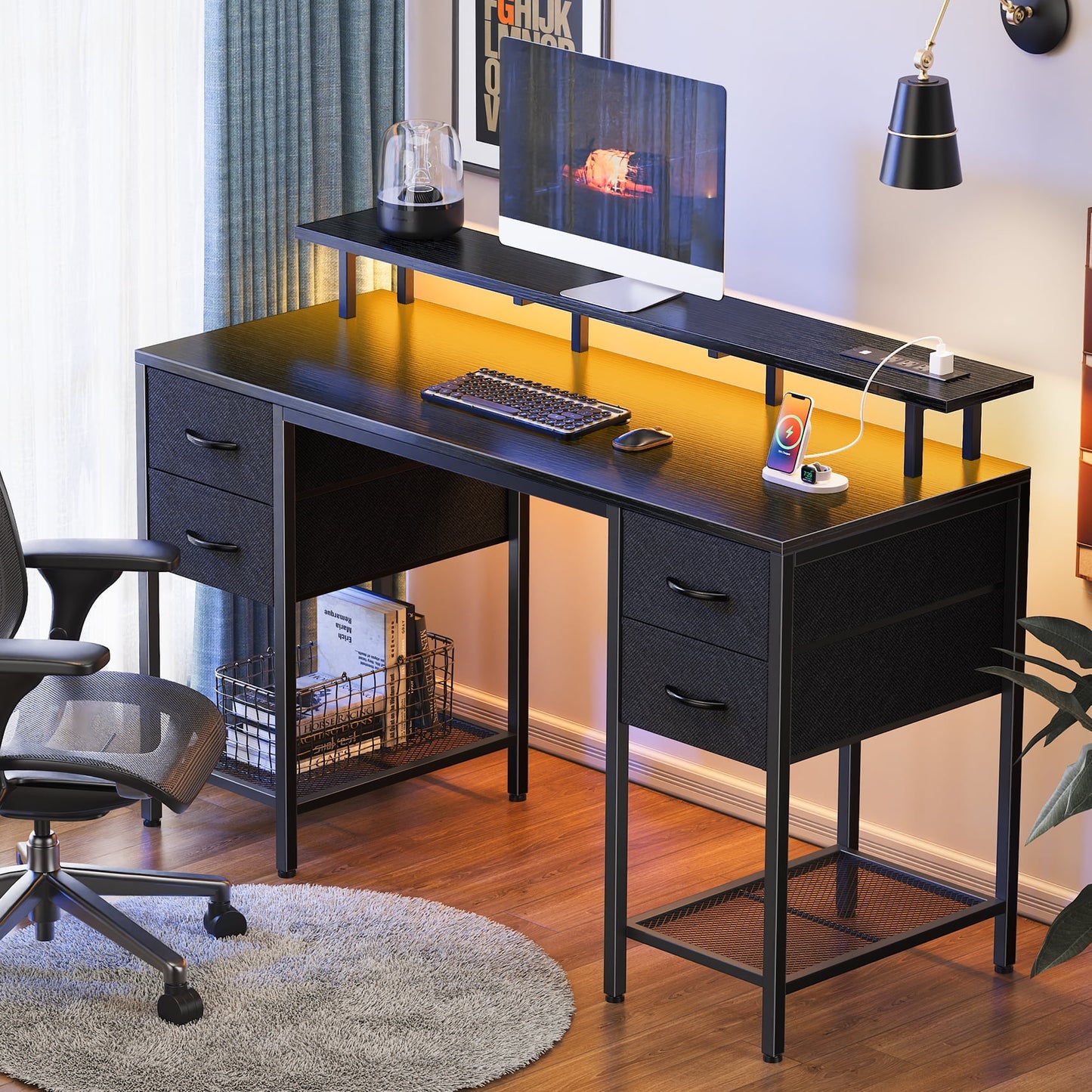 55.1in LED Gaming Desk with Drawers, Computer Desk with Outlets, Office Desk with 4 Drawers, Corner Desk, Writing Desk in Black