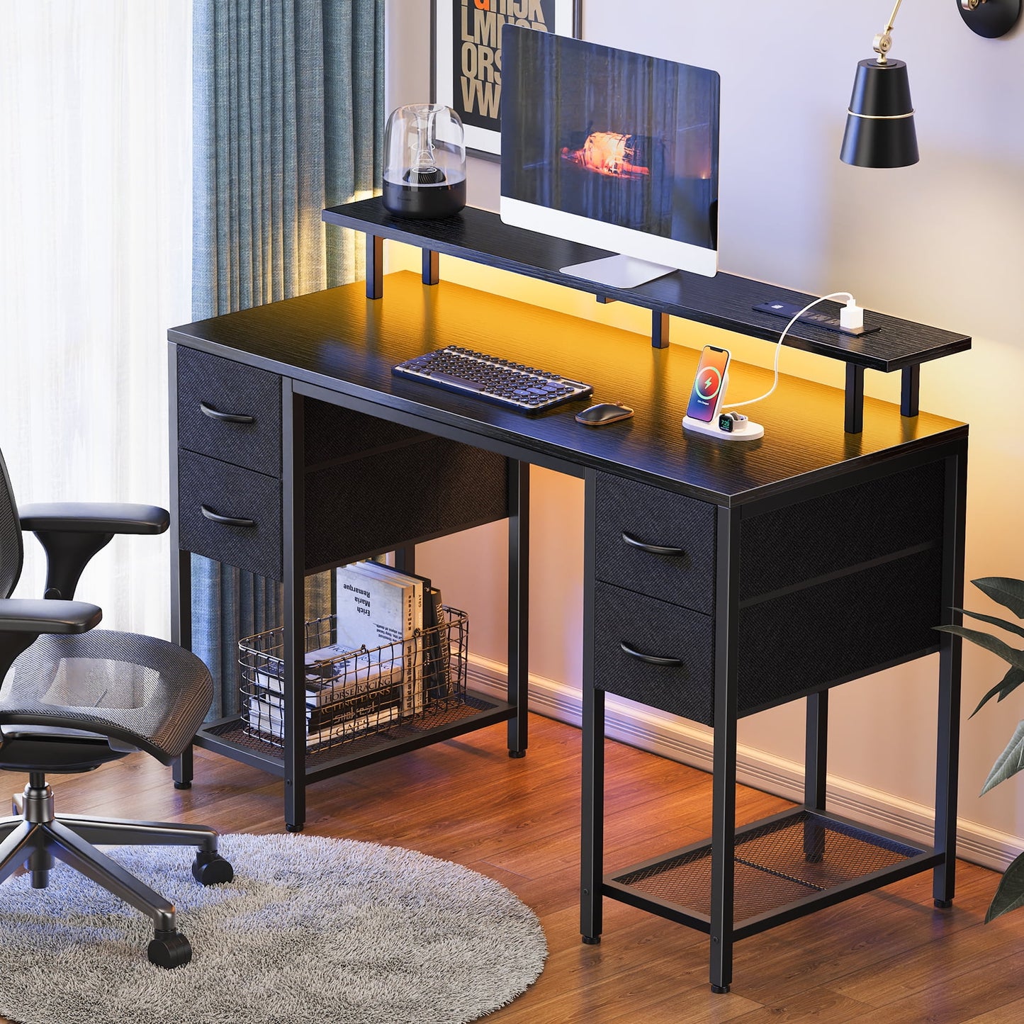 Computer Desk, LED Gaming Desk with Drawers, Office Desk with Outlets, Corner Desk, Writing Desk in Black