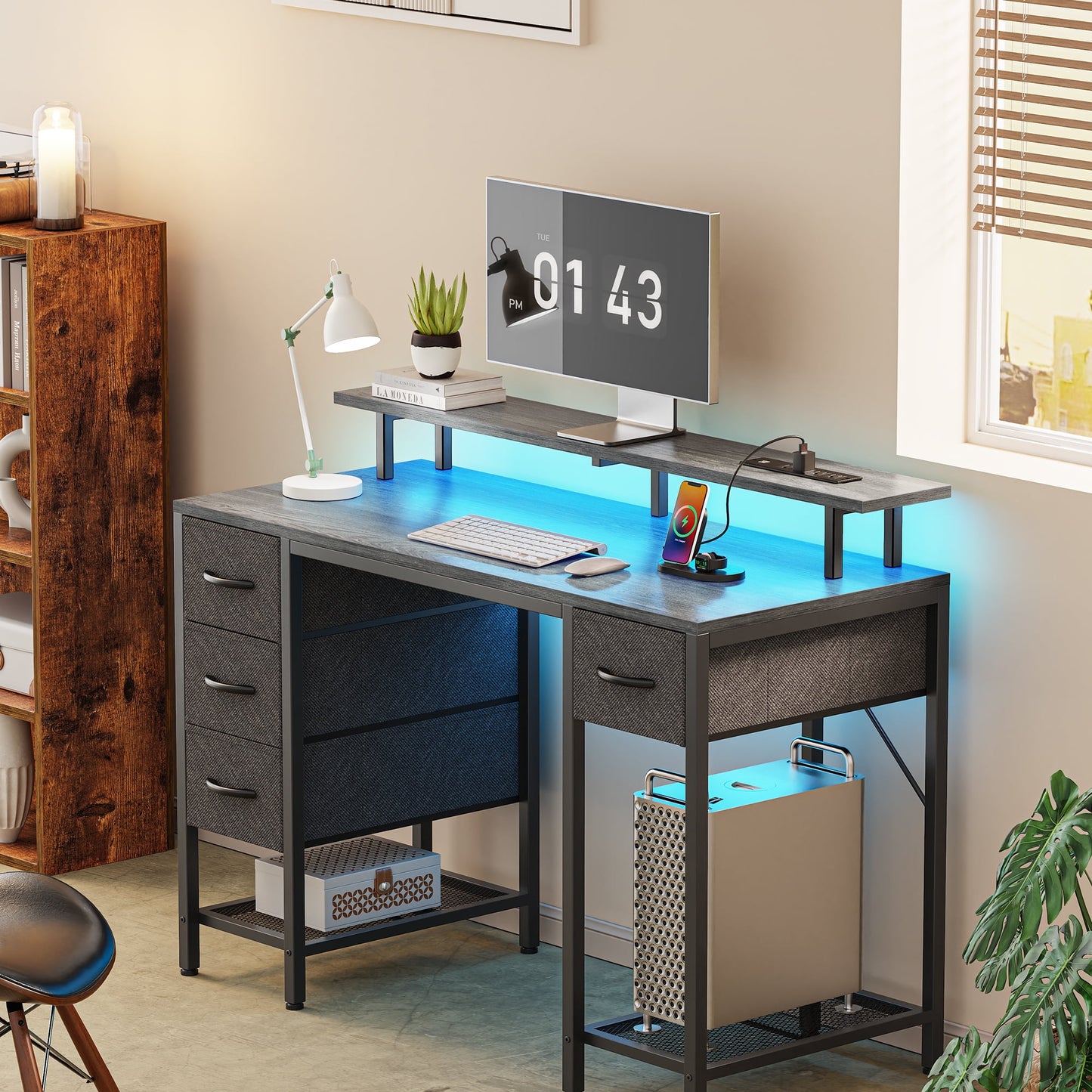 Computer Desk, LED Gaming Desk with Drawers, Office Desk with Outlets, Corner Desk, Writing Desk in Gray