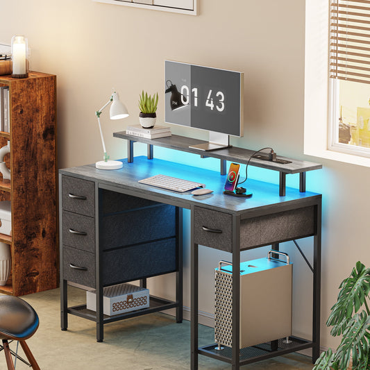 Computer Desk, LED Gaming Desk with Drawers, Office Desk with Outlets, Corner Desk, Writing Desk in Gray