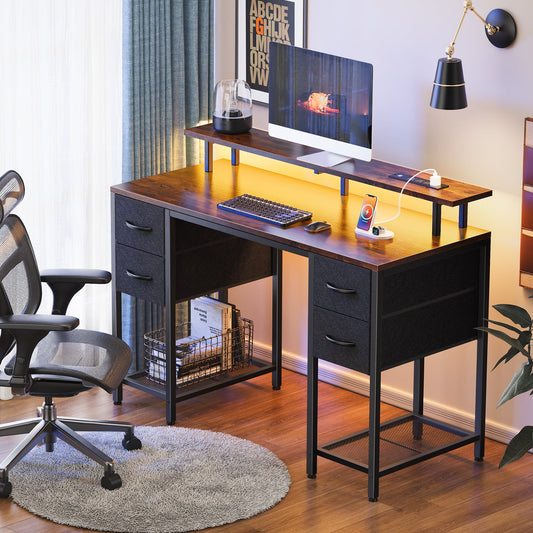 Computer Desk, LED Gaming Desk with Drawers, Office Desk with Outlets, Corner Desk, Writing Desk in Brown