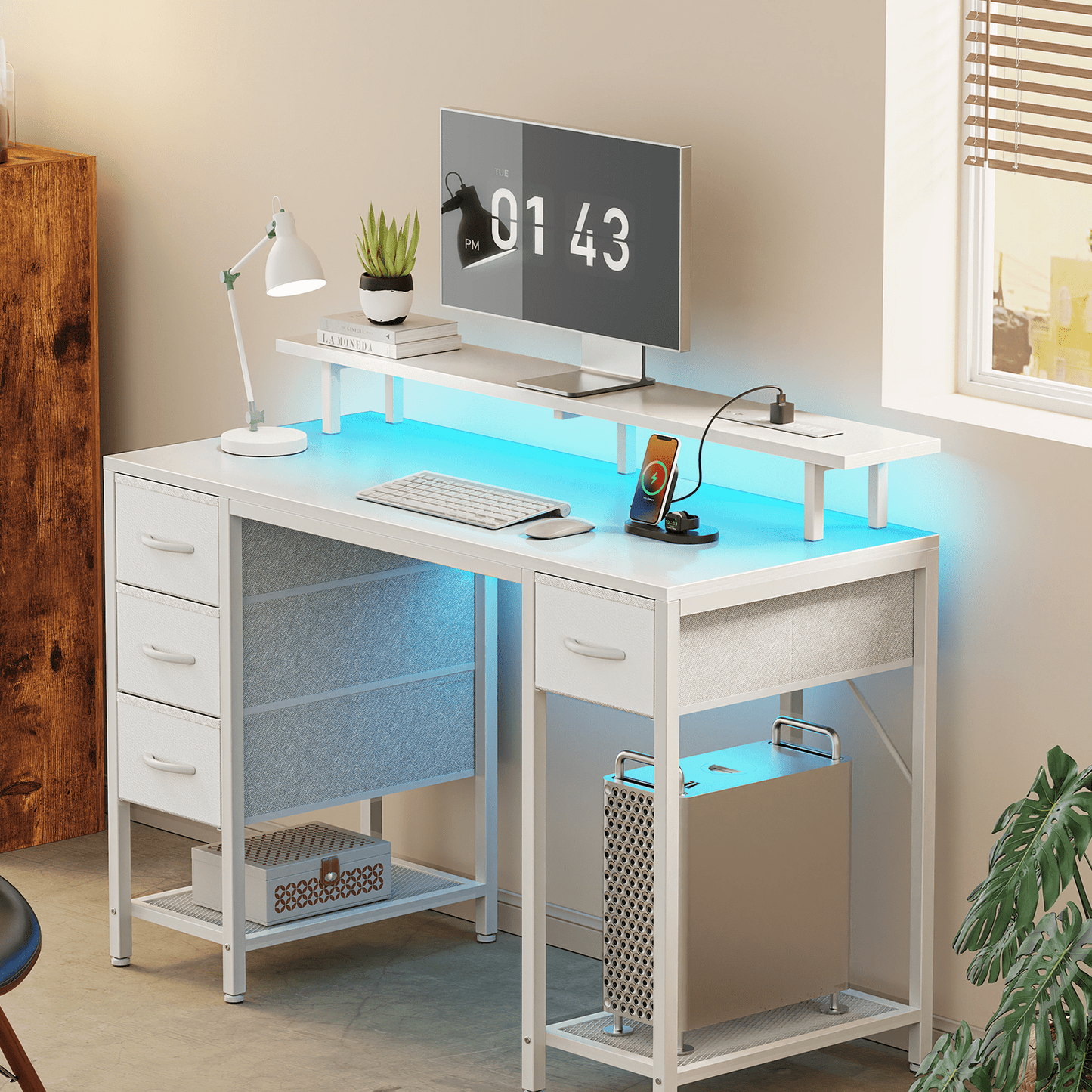 Computer Desk, LED Gaming Desk with Drawers, Office Desk with Outlets, Corner Desk, Writing Desk in White