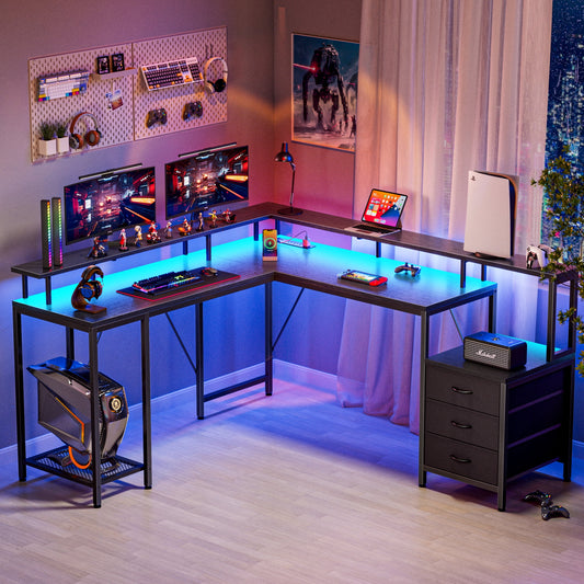 66in L Computer Desk, LED Gaming Desk with 3 Drawers and Power Outlets, L Shaped Desk with Monitor Stand, Long Office Corner Desk with Shelves in Pure Black