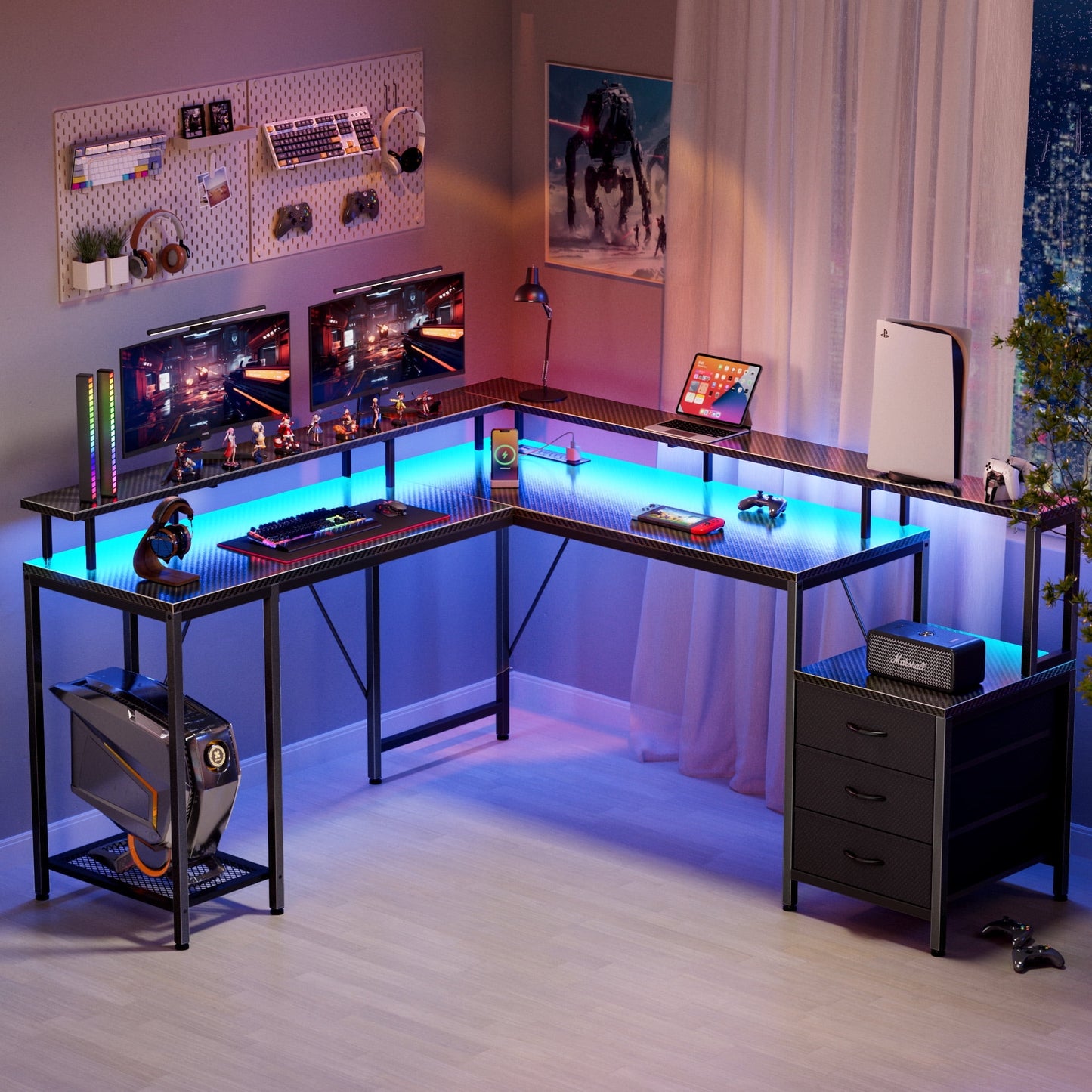 66in L Computer Desk, LED Gaming Desk with 3 Drawers and Power Outlets, L Shaped Desk with Monitor Stand, Long Office Corner Desk with Shelves in 3D Carbon Fiber Black