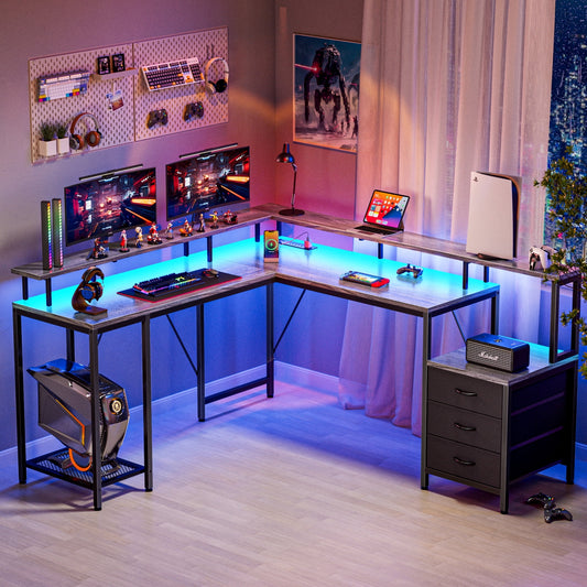 66in L Computer Desk, LED Gaming Desk with Drawers and Power Outlets, L Shaped Desk with Monitor Stand, Long Office Corner Desk with Shelves in Light Gray