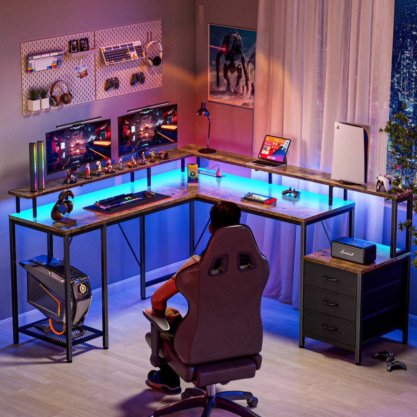 66in L Computer Desk, LED Gaming Desk with 3 Drawers and Power Outlets, L Shaped Desk with Monitor Stand, Long Office Corner Desk with Shelves in Brown