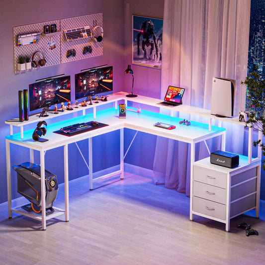 66in L Computer Desk, LED Gaming Desk with Drawers and Power Outlets, L Shaped Desk with Monitor Stand, Long Office Corner Desk with Shelves in White