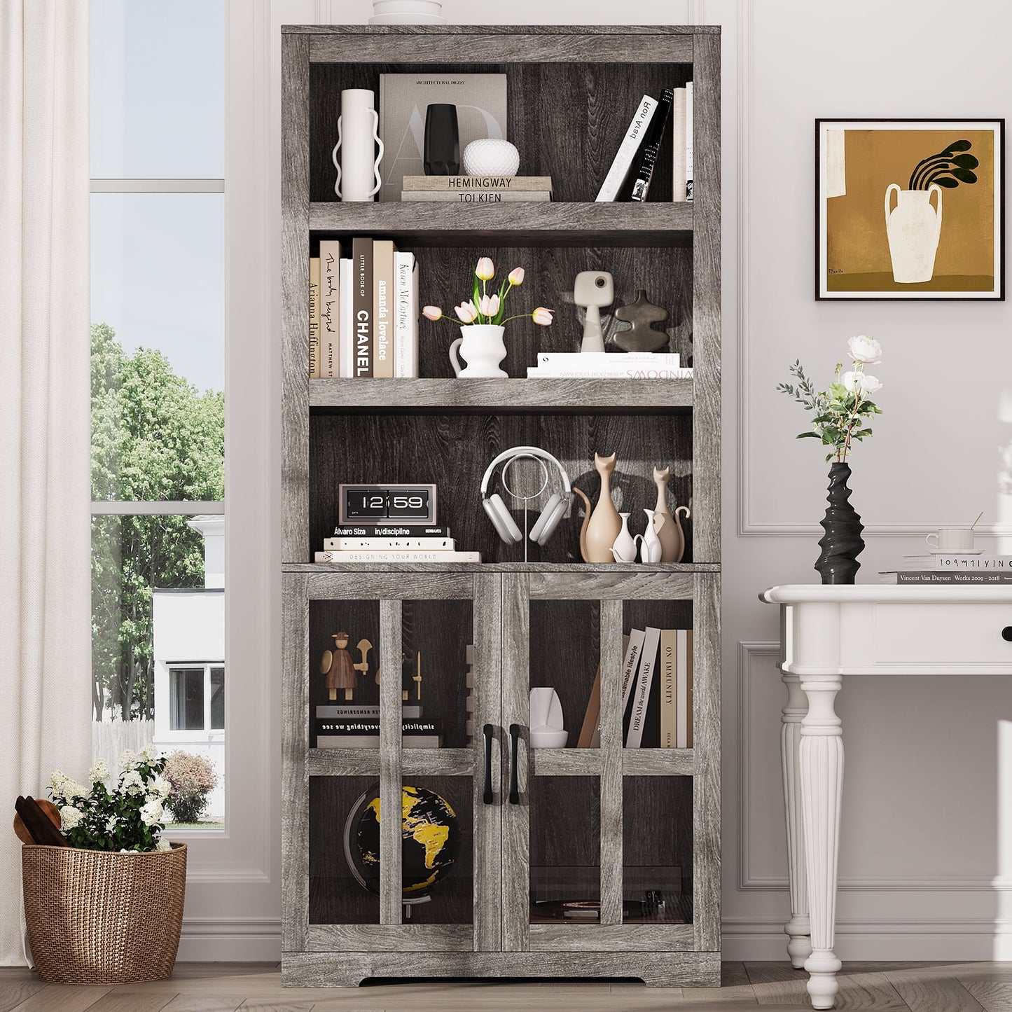 Yeahumalia Industrial Wooden Bookshelves with Doors Floor Standing 5 Shelf Display Storage Shelves Bookcase, Grey Oak