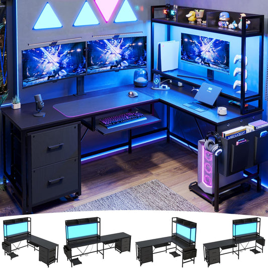 ADORNENEVE Black L Shaped Gaming Desk, Reversible with LED Strip & Power Outlets, for Bedrooms & Game Rooms