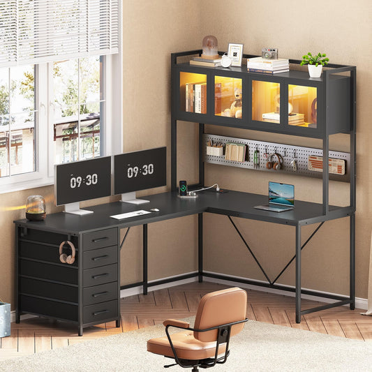 Multipurpose L Shaped Gaming Desk with LED Lights, Multiple Shelves & Power Outlet, Black