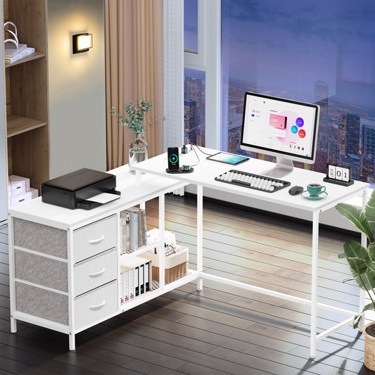 SUPERJARE L Shaped Desk, Computer Office Desk with Power Outlets, Gaming Desk with PU Drawer & Storage Shelves, White Corner Writing Desk