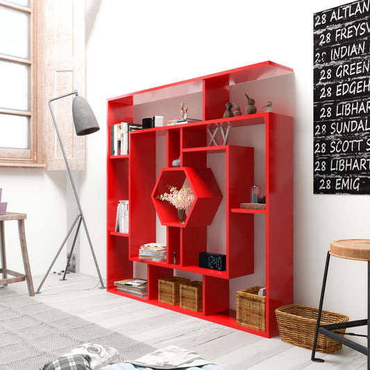 Stylish Labrina Geometric Open Honeycomb Shelves Bookcase, Red