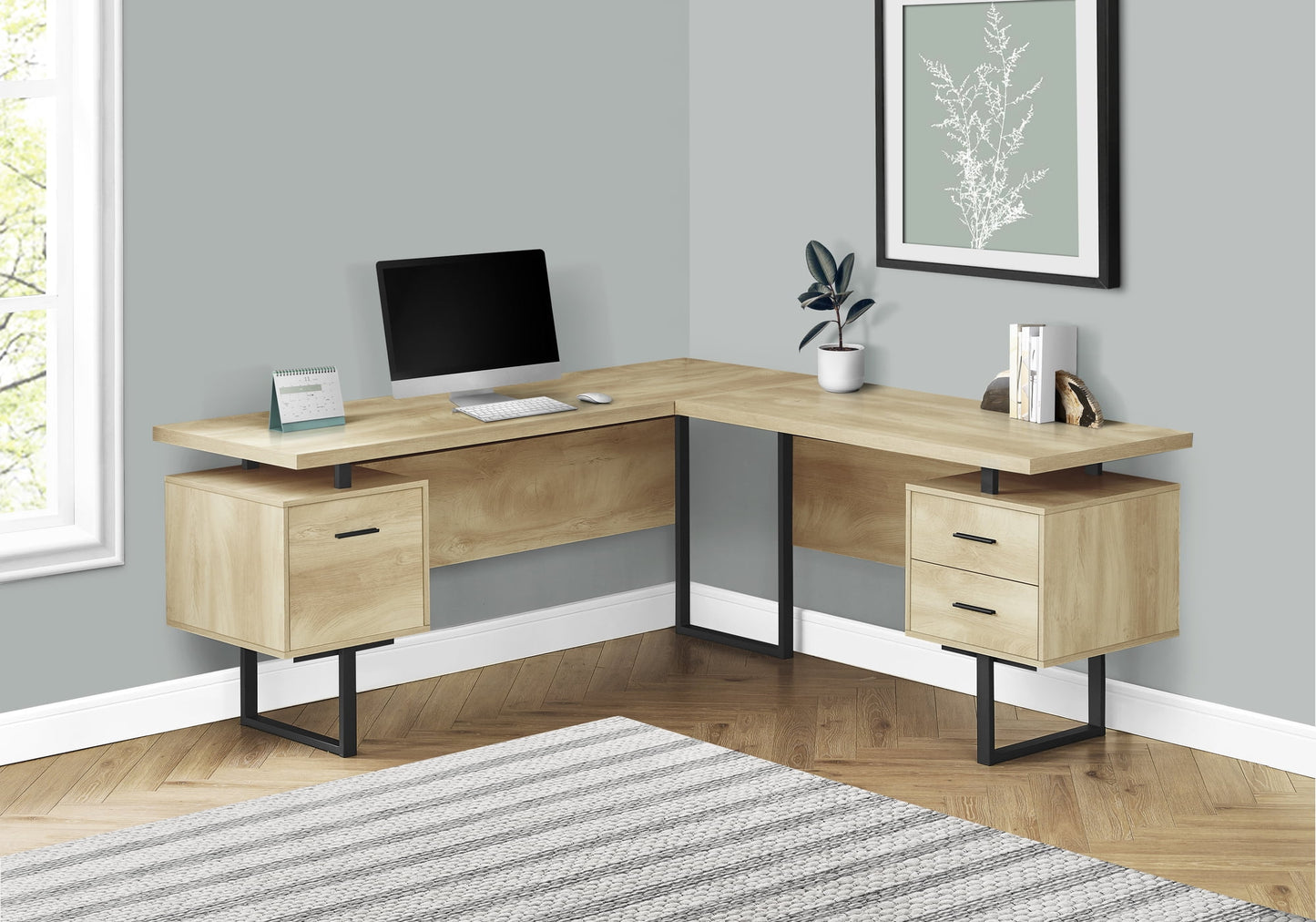Computer Desk - L-Shaped / Corner / 3 Drawers / Metal Legs / Reversible - 71inL X 71inW - Natural Wood-Look / Black