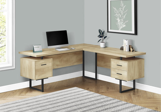 Computer Desk - L-Shaped / Corner / 3 Drawers / Metal Legs / Reversible - 71inL X 71inW - Natural Wood-Look / Black