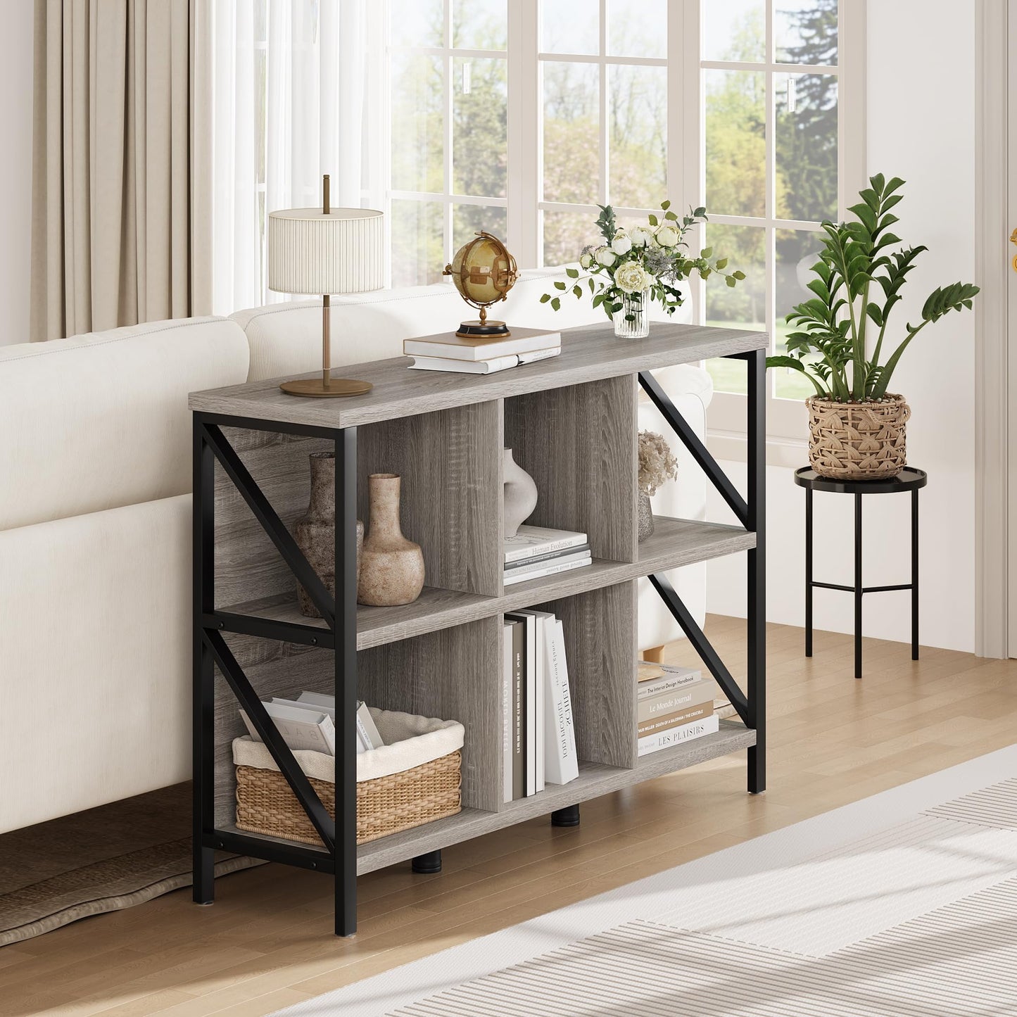 Danolapsi 6 Cube Storage Organizer with Shelf,Industrial Horizontal Bookshelf with Metal Frame,Wood and Metal Cubby Bookcase,Thick wooden Low & Long bookshelf for Living Room/Office/Bedroom