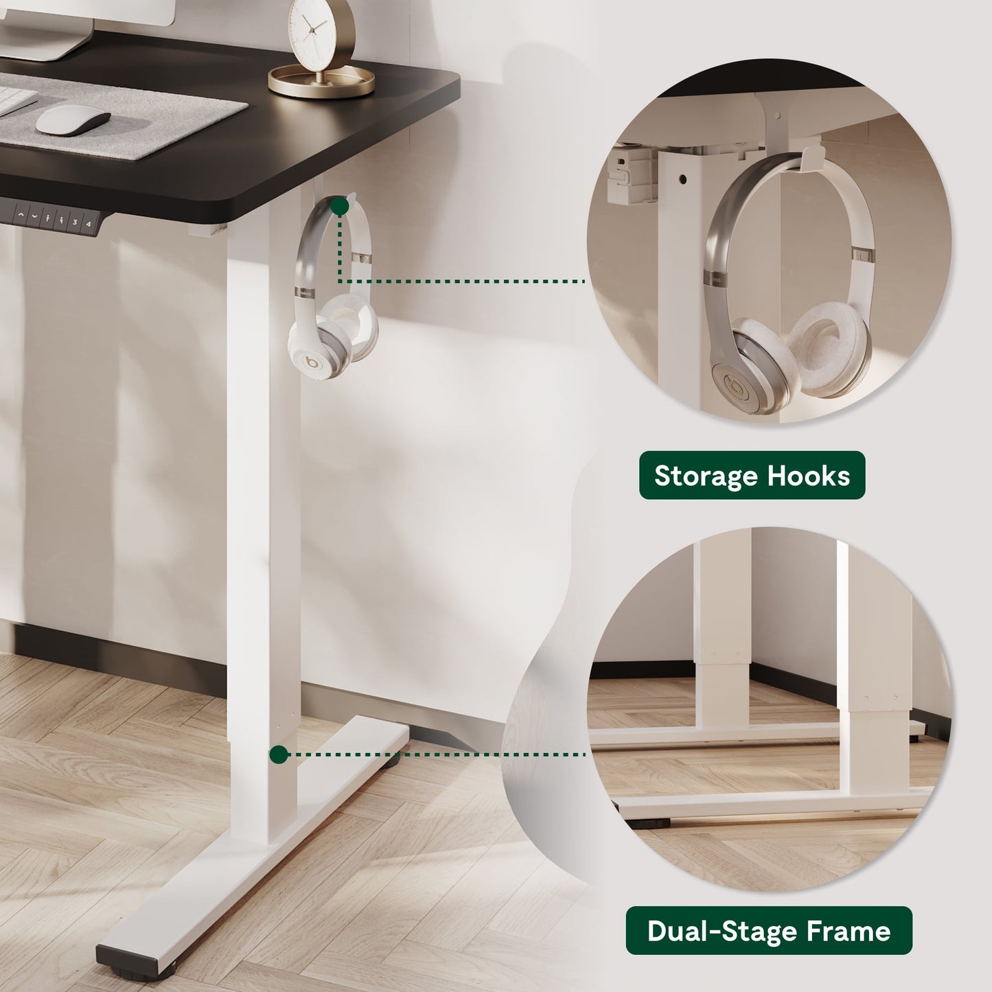 ACTIVESIT 60inx24in Home Office Height Adjustable Standing Desk with Hooks, Ergonomic Electric 2-Stage Stand Up Computer Desk, White and Black
