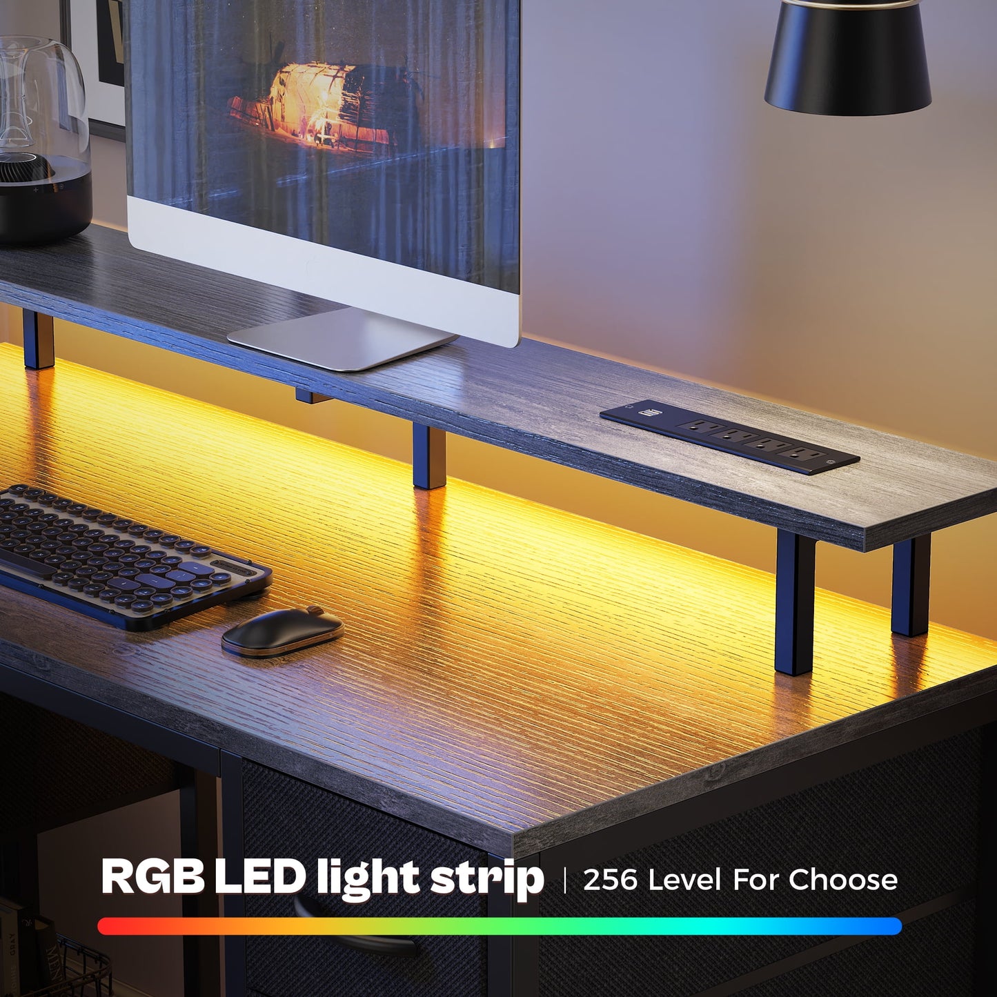 Computer Desk, LED Gaming Desk with Drawers, Office Desk with Outlets, Corner Desk, Writing Desk in Gray