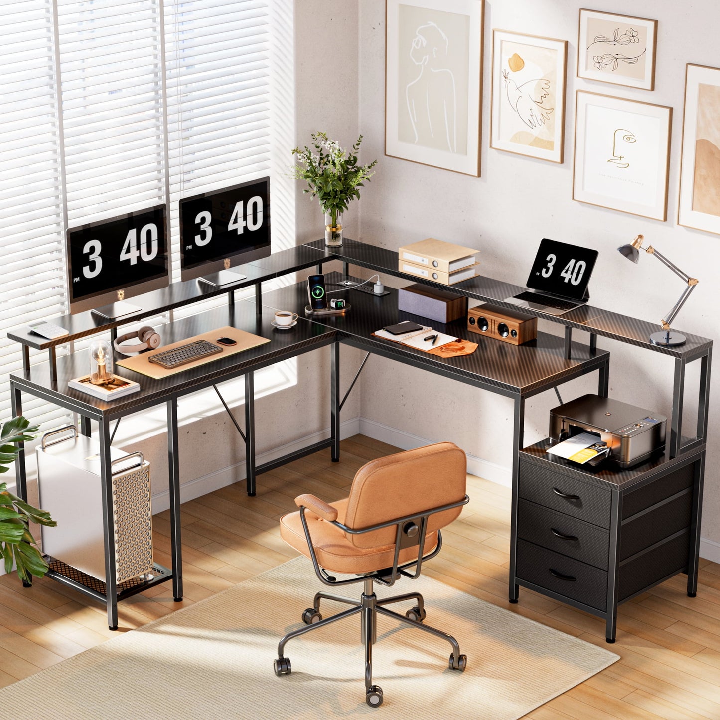 66in L Computer Desk, LED Gaming Desk with 3 Drawers and Power Outlets, L Shaped Desk with Monitor Stand, Long Office Corner Desk with Shelves in 3D Carbon Fiber Black
