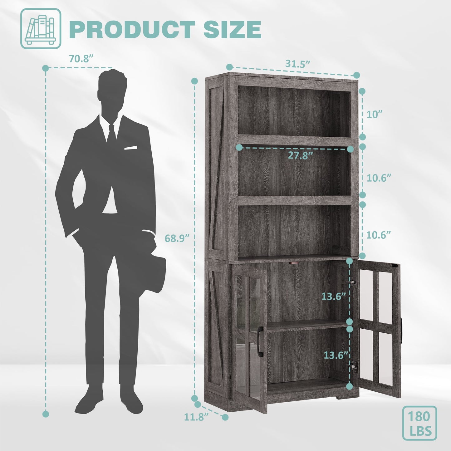 Yeahumalia Industrial Wooden Bookshelves with Doors Floor Standing 5 Shelf Display Storage Shelves Bookcase, Grey Oak