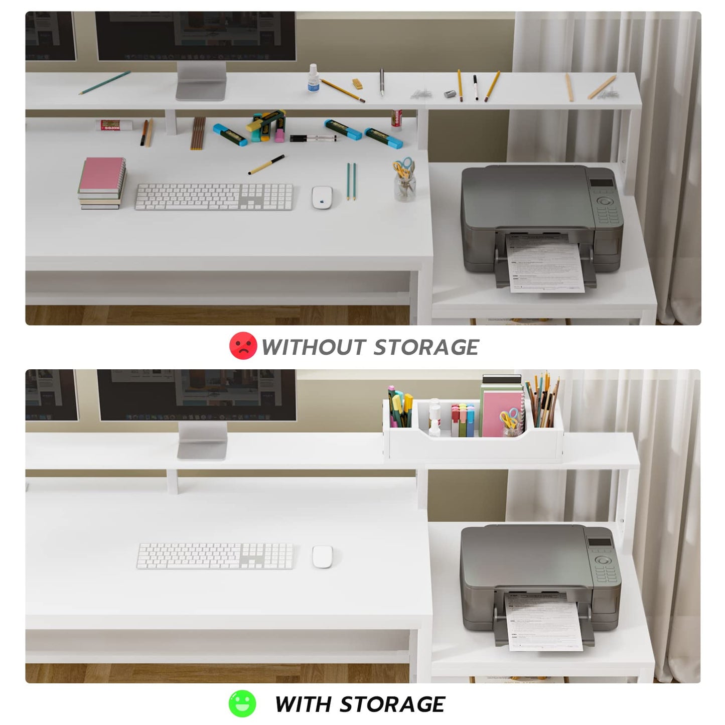 White L-Shaped Corner Computer Desk with LED Lights, Power Outlet, File Drawer & Gaming Suite for Home Office