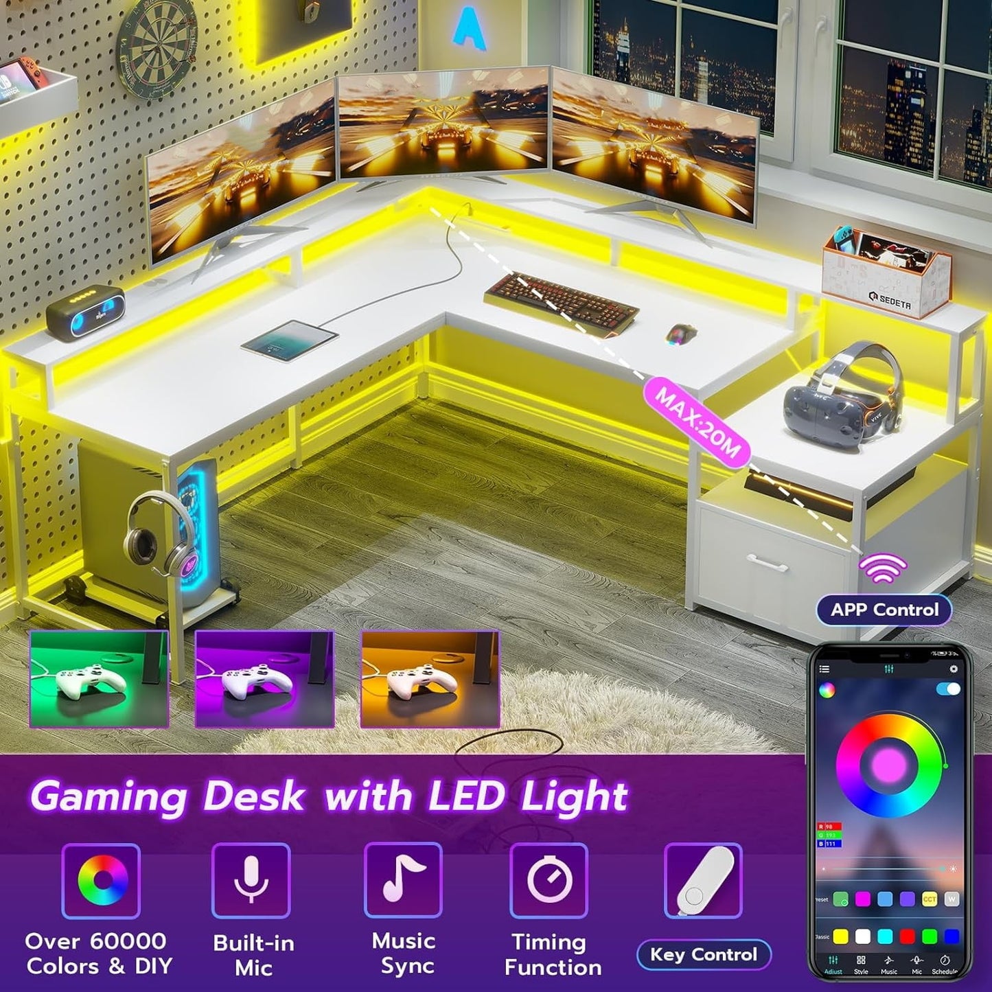 White L-Shaped Corner Computer Desk with LED Lights, Power Outlet, File Drawer & Gaming Suite for Home Office