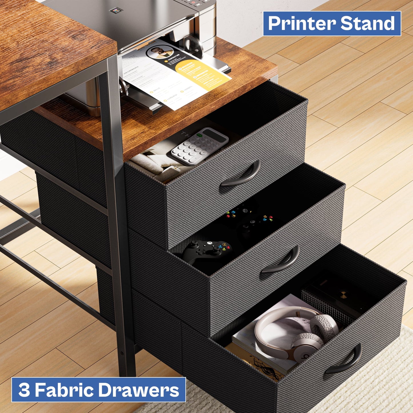 66in L Computer Desk, LED Gaming Desk with 3 Drawers and Power Outlets, L Shaped Desk with Monitor Stand, Long Office Corner Desk with Shelves in Brown