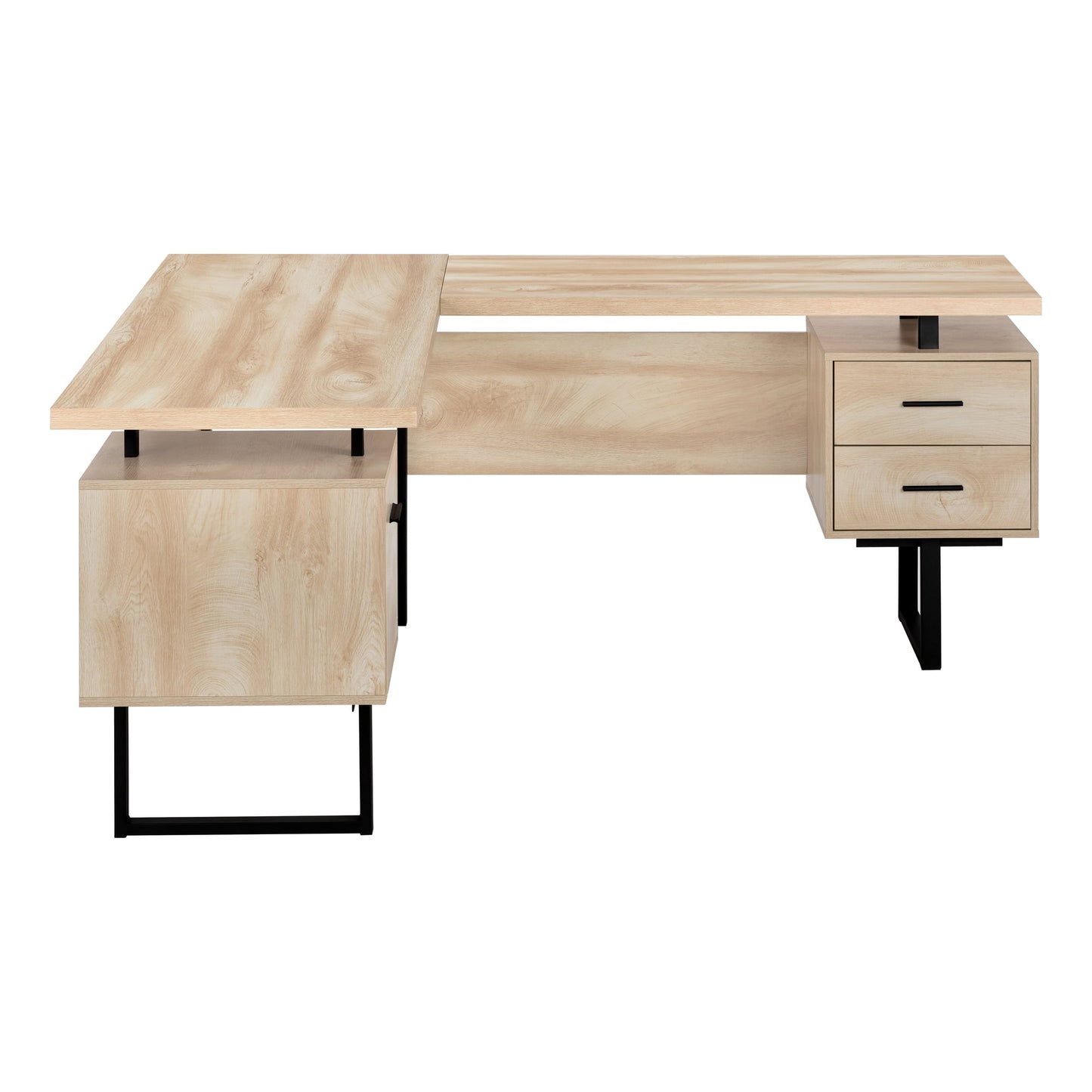 Computer Desk - L-Shaped / Corner / 3 Drawers / Metal Legs / Reversible - 71inL X 71inW - Natural Wood-Look / Black