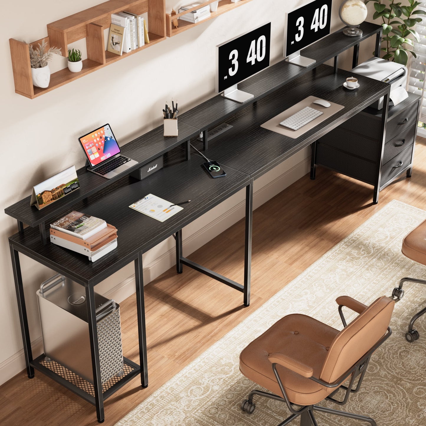 66in L Computer Desk, LED Gaming Desk with 3 Drawers and Power Outlets, L Shaped Desk with Monitor Stand, Long Office Corner Desk with Shelves in Pure Black