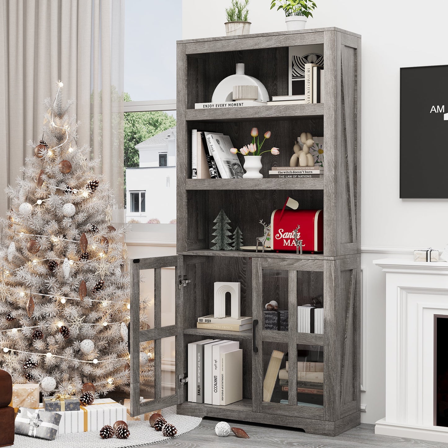 Yeahumalia Industrial Wooden Bookshelves with Doors Floor Standing 5 Shelf Display Storage Shelves Bookcase, Grey Oak