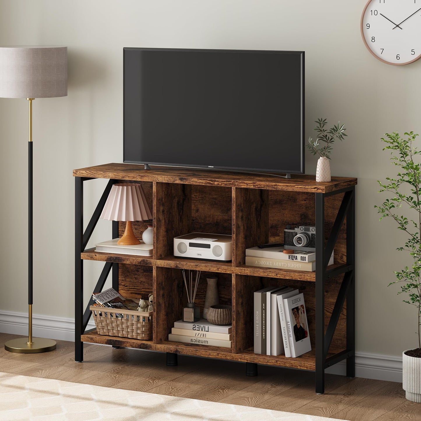 Danolapsi 6 Cube Storage Organizer with Shelf,Industrial Horizontal Bookshelf with Metal Frame,Wood and Metal Cubby Bookcase,Thick wooden Low & Long bookshelf for Living Room/Office/Bedroom