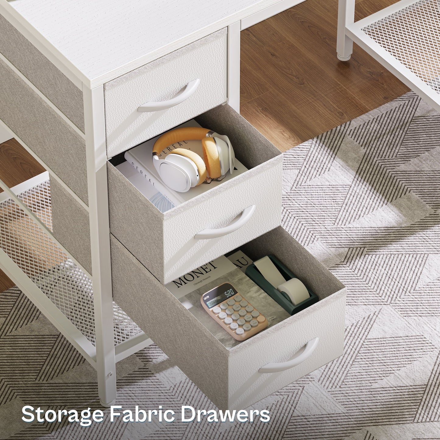 Computer Desk, LED Gaming Desk with Drawers, Office Desk with Outlets, Corner Desk, Writing Desk in White