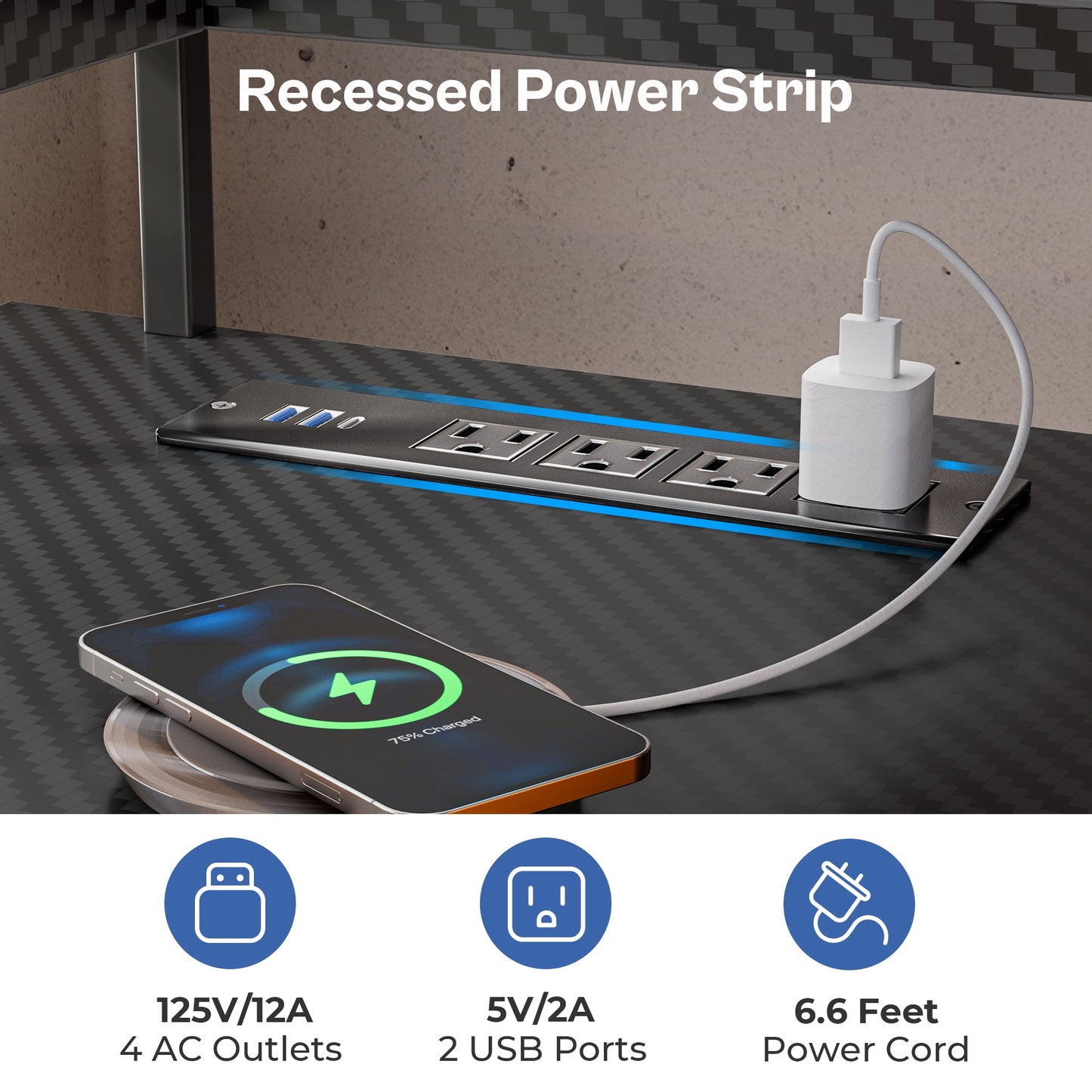 66in L Computer Desk, LED Gaming Desk with 3 Drawers and Power Outlets, L Shaped Desk with Monitor Stand, Long Office Corner Desk with Shelves in 3D Carbon Fiber Black