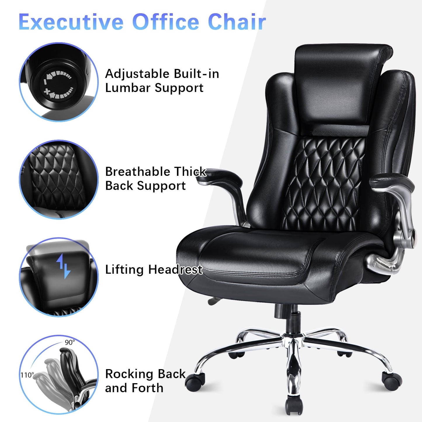 Brown Executive Ergonomic Office Chair: High Back, Flip-Up Armrest, Swivel, Adjustable Support