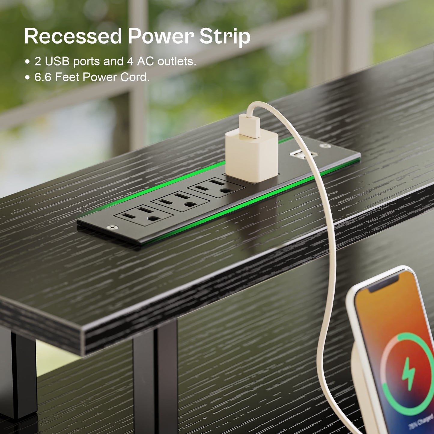 Computer Desk, LED Gaming Desk with Drawers, Office Desk with Outlets, Corner Desk, Writing Desk in Black