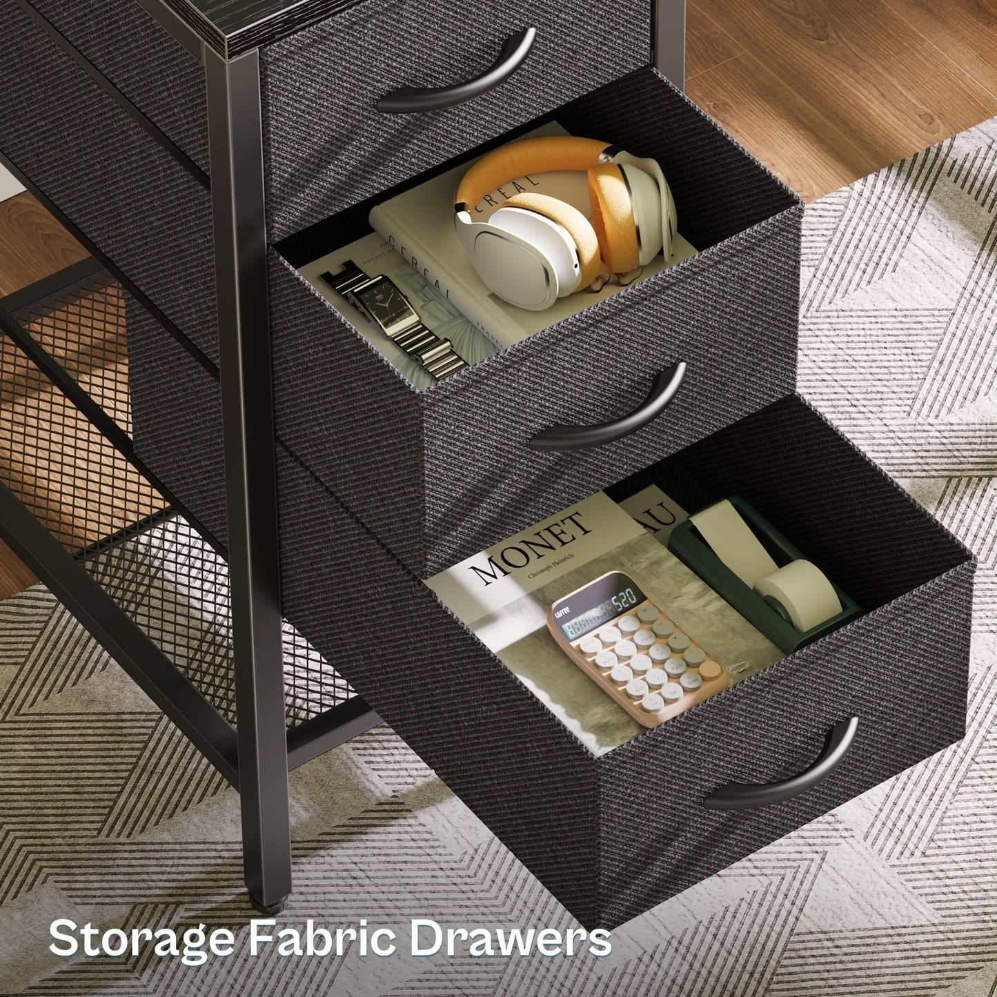 55.1in LED Gaming Desk with Drawers, Computer Desk with Outlets, Office Desk with 4 Drawers, Corner Desk, Writing Desk in Black