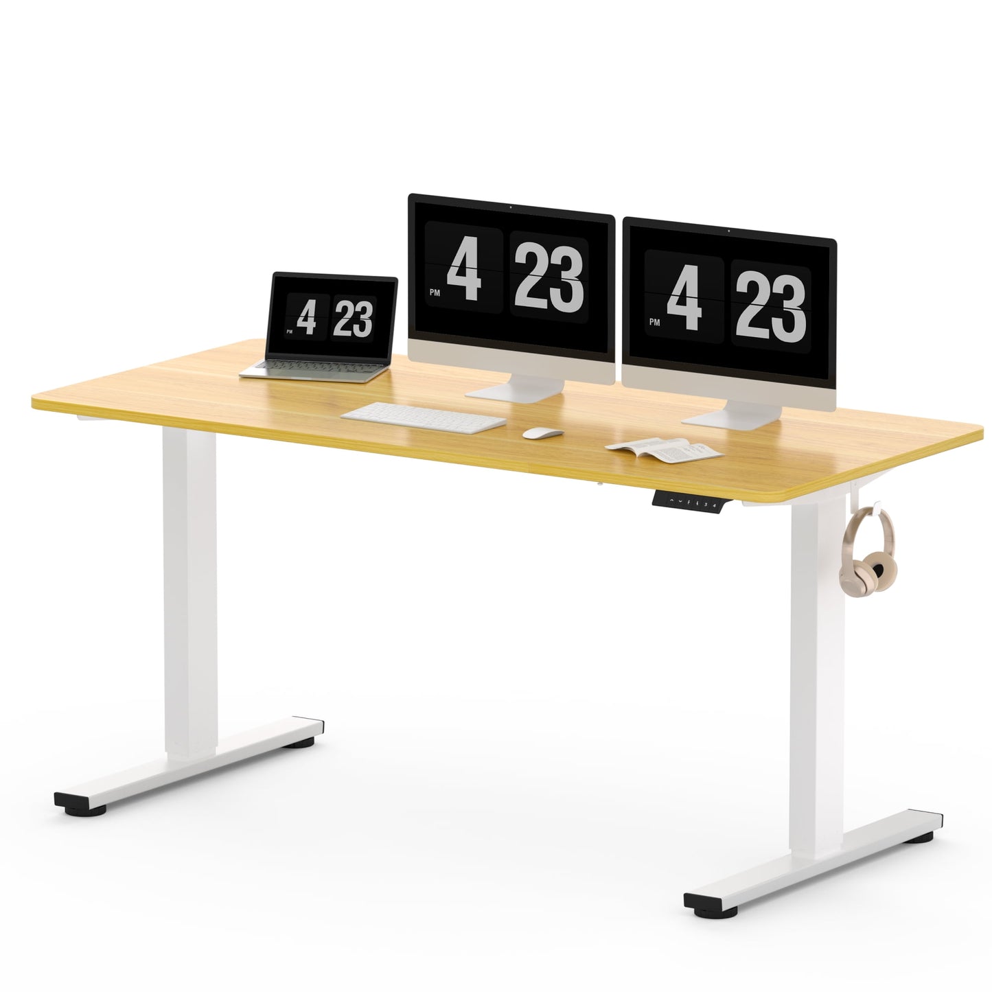 ACTIVESIT 60inx24in Home Office Height Adjustable Standing Desk with Hooks, Ergonomic Electric 2-Stage Stand Up Computer Desk, White and Maple