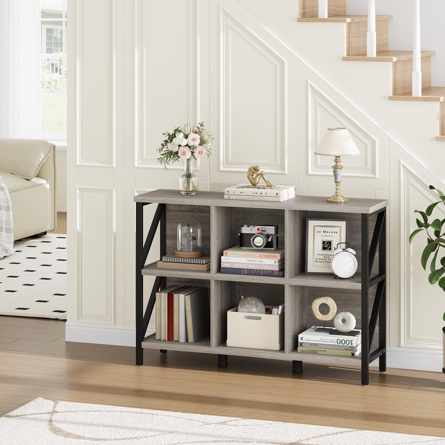 Danolapsi 6 Cube Storage Organizer with Shelf,Industrial Horizontal Bookshelf with Metal Frame,Wood and Metal Cubby Bookcase,Thick wooden Low & Long bookshelf for Living Room/Office/Bedroom