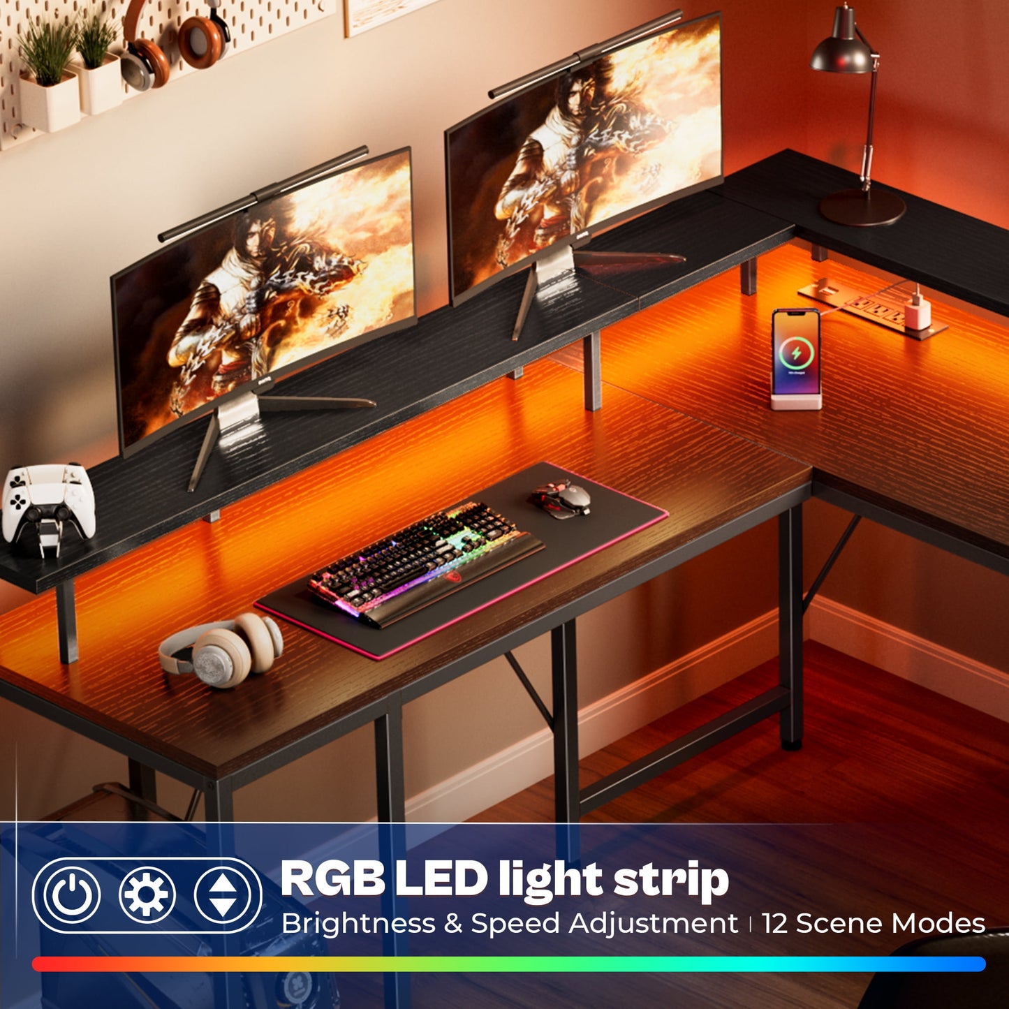 66in L Computer Desk, LED Gaming Desk with 3 Drawers and Power Outlets, L Shaped Desk with Monitor Stand, Long Office Corner Desk with Shelves in Pure Black