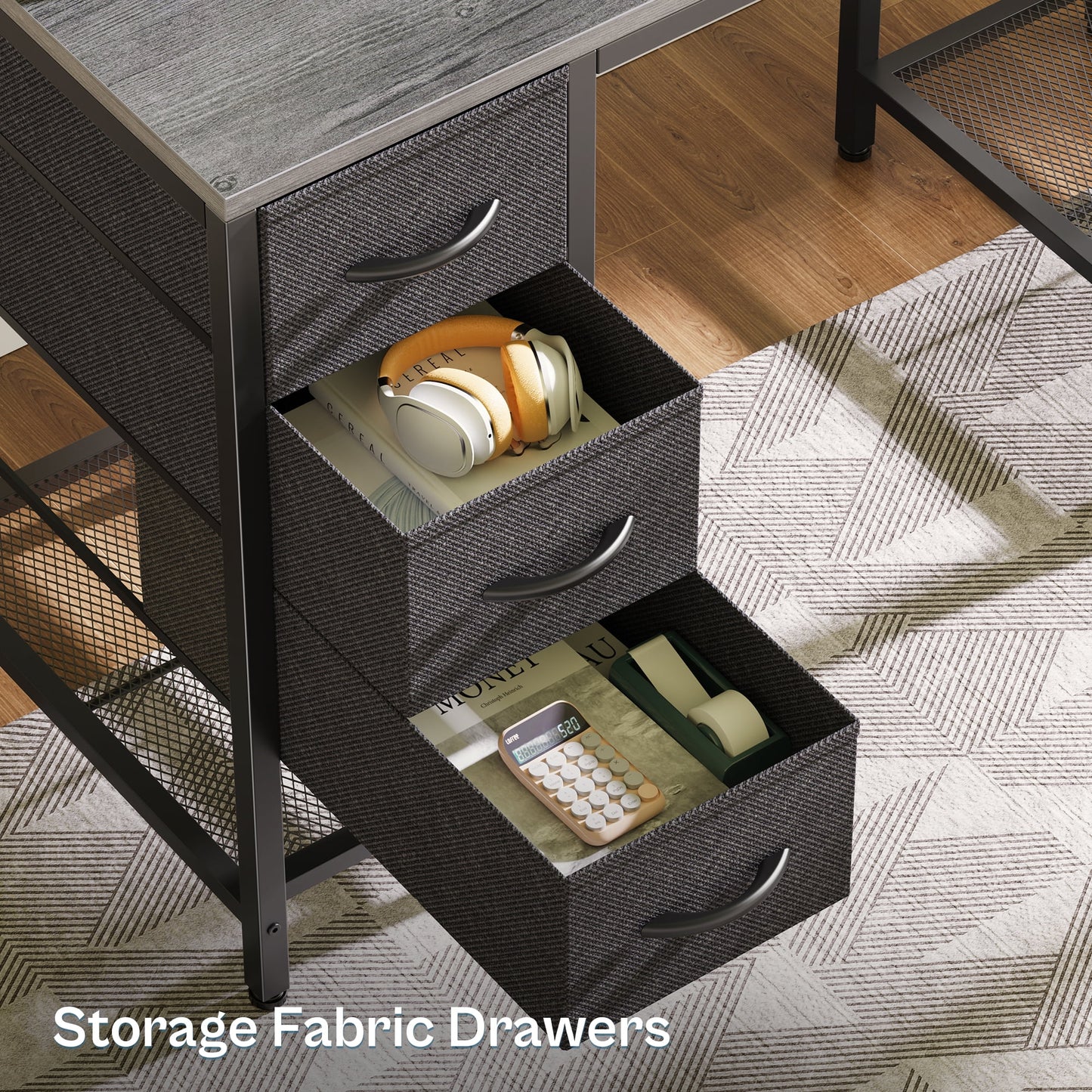 Computer Desk, LED Gaming Desk with Drawers, Office Desk with Outlets, Corner Desk, Writing Desk in Gray